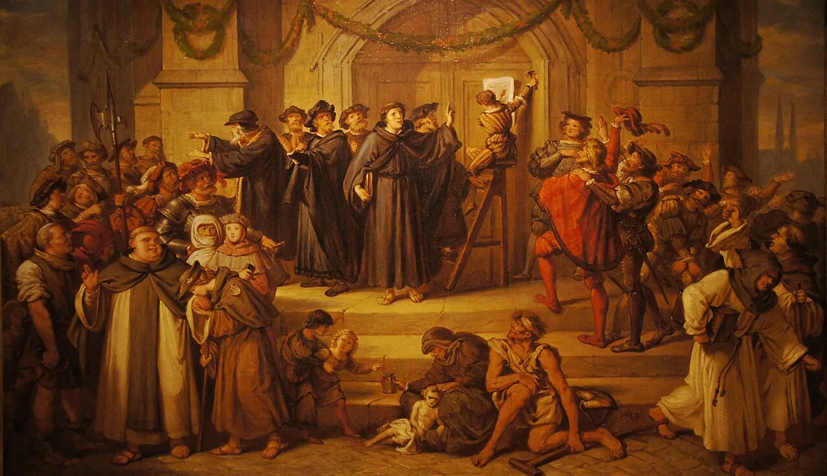 Peinture de 1878 montrant Martin Luther affichant ses 95 thèses sur la porte de l'église de Wittenberg