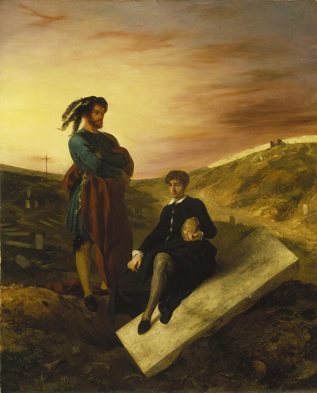 Peinture de Delacroix montrant Hamlet et Horatio au cimetière face aux fossoyeurs, scène de l'acte V
