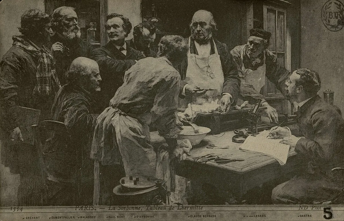 Peinture de Léon Lhermitte montrant Claude Bernard et ses élèves dans son laboratoire, modèle de la méthode expérimentale reprise par Zola