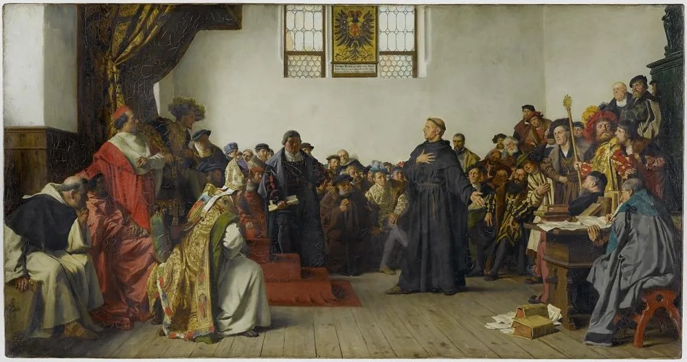 Peinture montrant Martin Luther debout devant l'empereur et les princes réunis à la diète de Worms en 1521