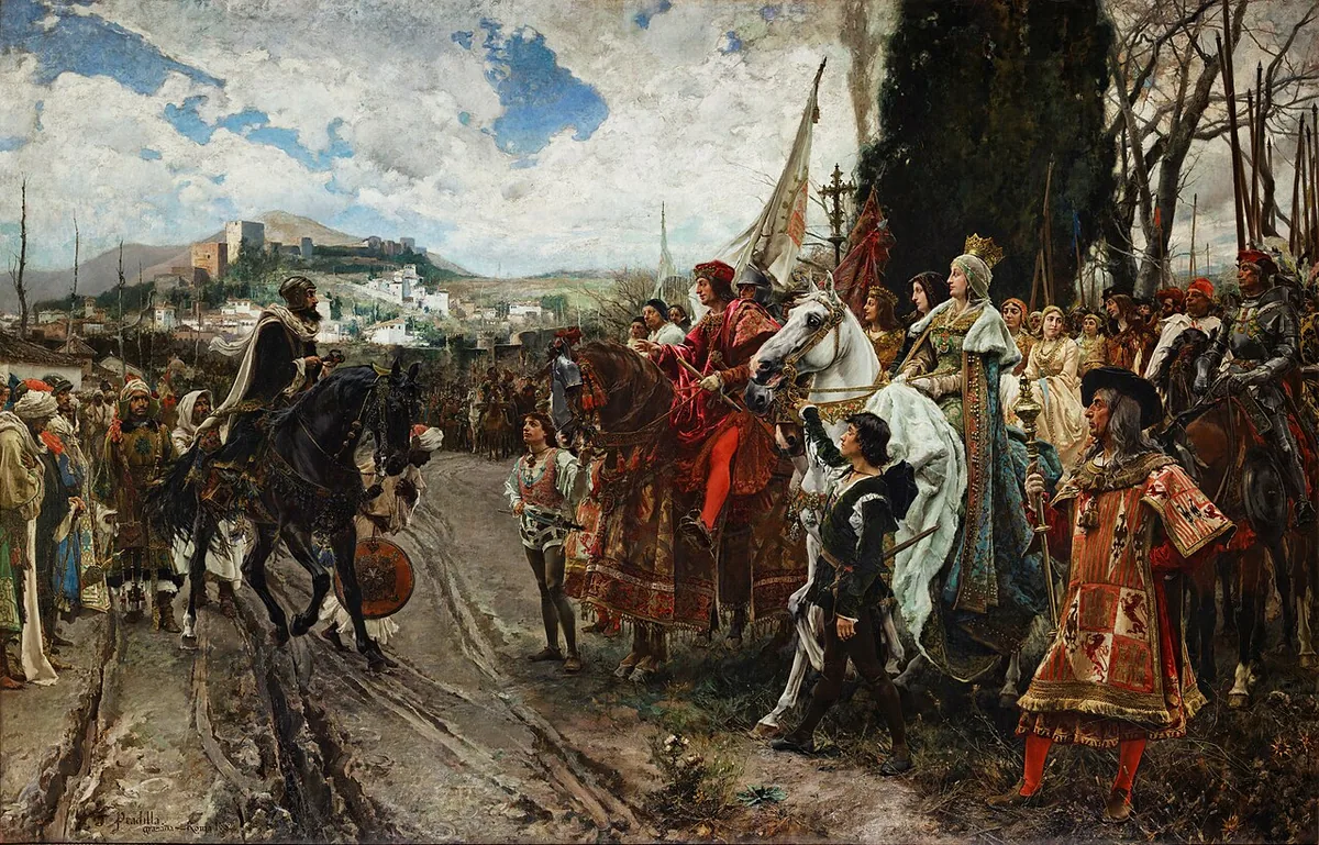 Peinture de Pradilla montrant Boabdil remettant Grenade aux Rois catholiques en 1492
