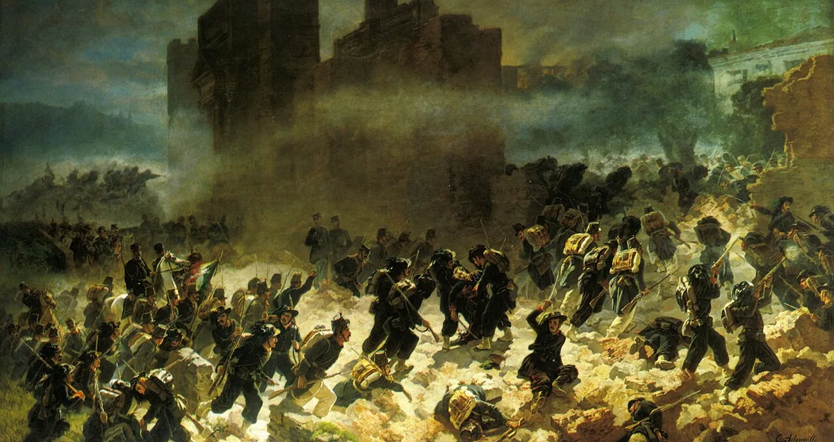 Peinture représentant les bersaglieri franchissant la brèche de la Porta Pia lors de la prise de Rome en 1870