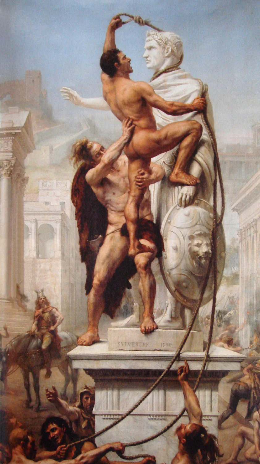 Peinture du sac de Rome par les Wisigoths d'Alaric en 410, statues renversées et cité pillée