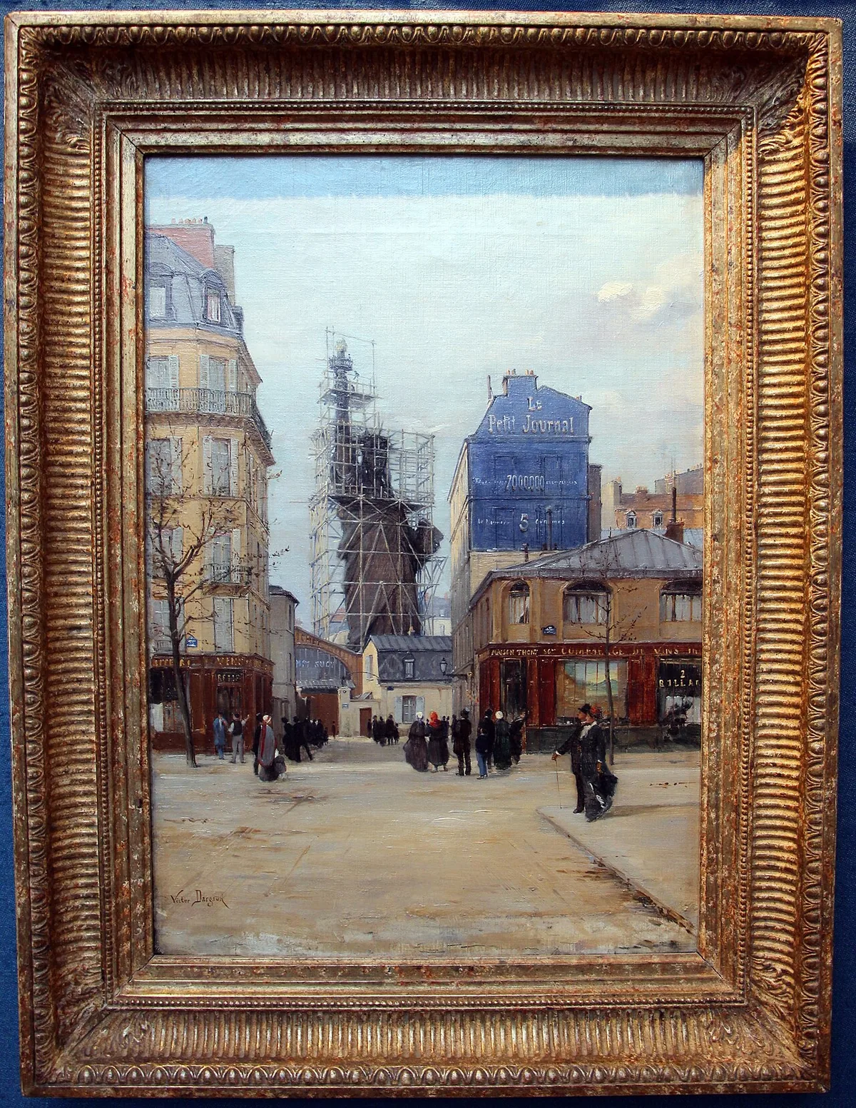 Peinture de la Statue de la Liberté assemblée rue de Chazelles à Paris entre 1883 et 1884 dépassant les immeubles