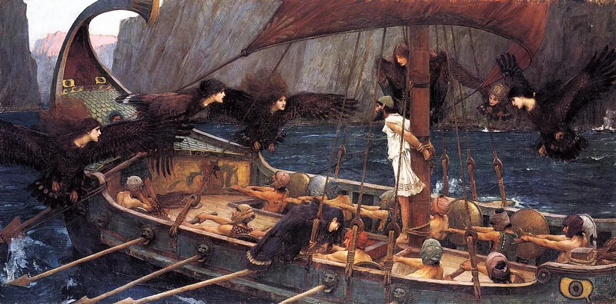 Peinture de Waterhouse représentant Ulysse attaché au mât cerné par les sirènes ailées