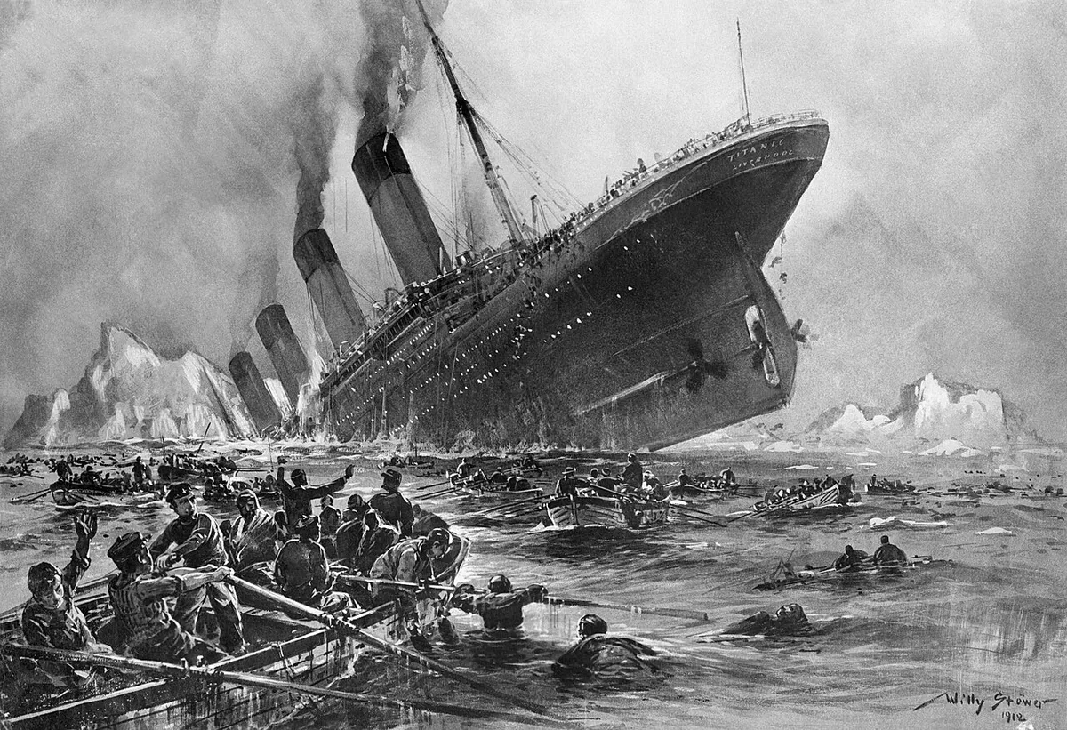 Peinture de Willy Stöwer montrant le Titanic sombrant la nuit, la proue immergée et des canots de sauvetage autour du paquebot