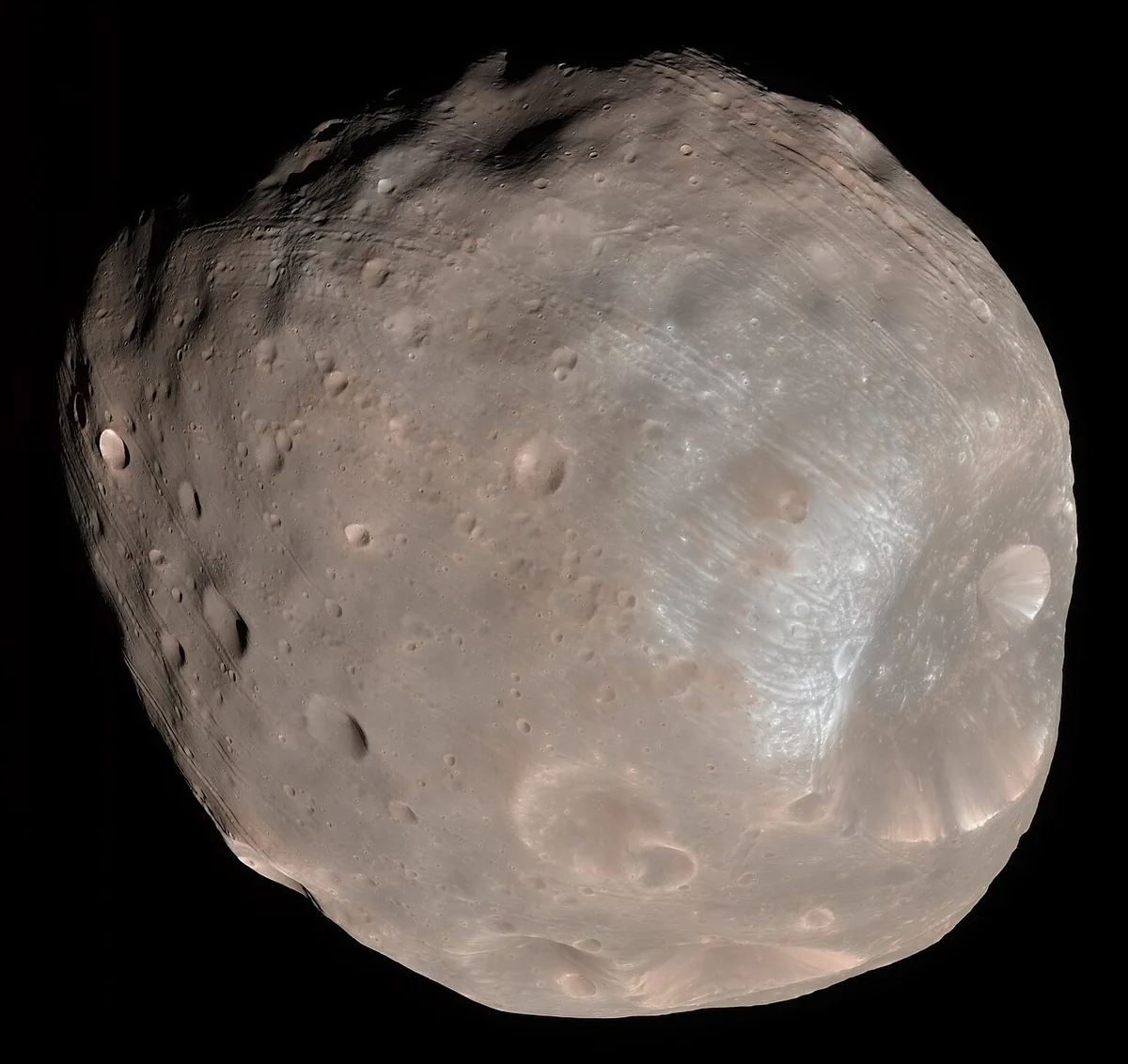 Phobos, la plus grande lune de Mars, petit corps grisâtre irrégulier marqué par le grand cratère Stickney