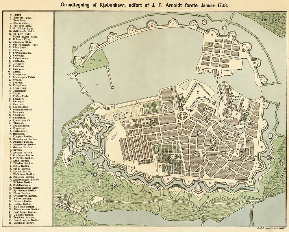 Plan ancien de Copenhague montrant le port et les fortifications en 1728