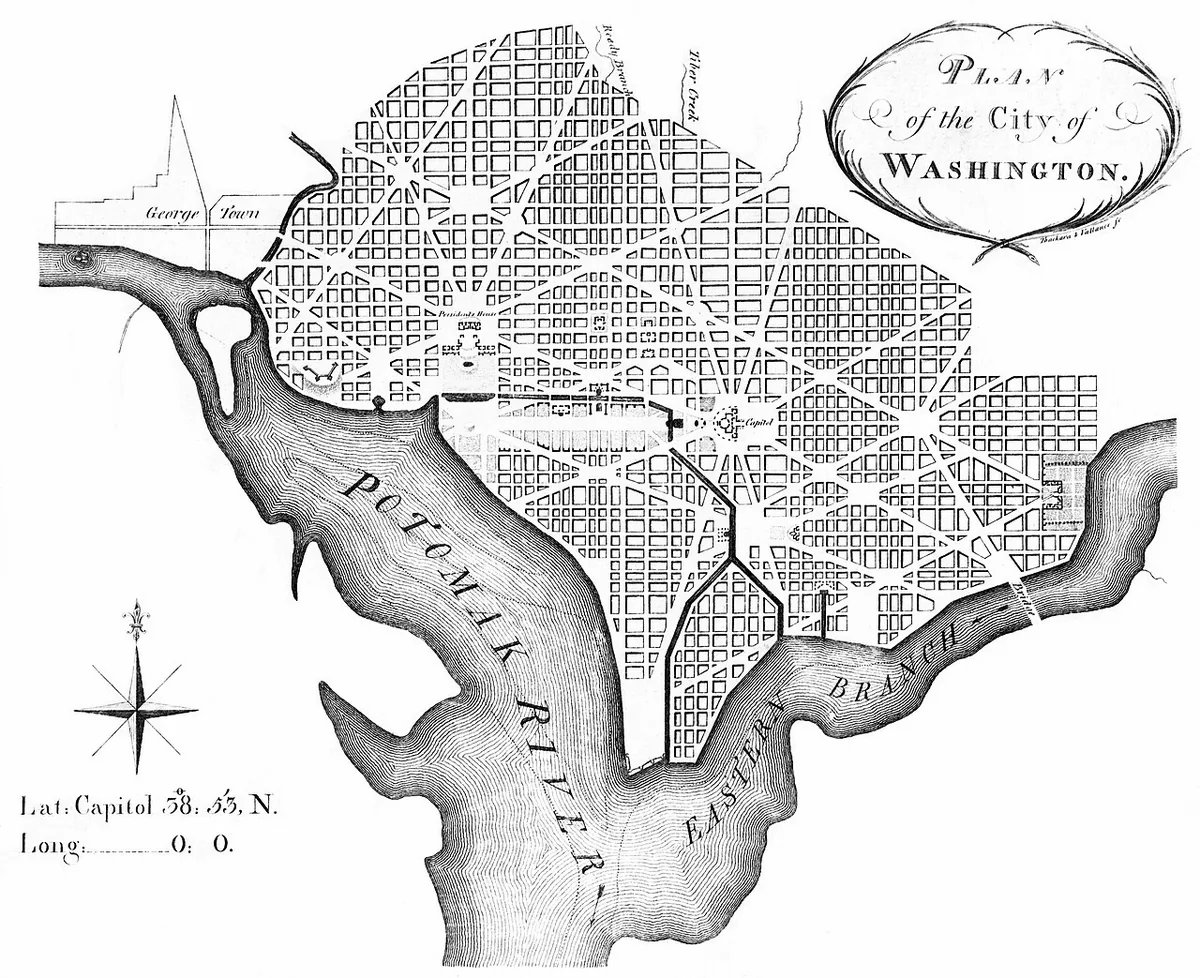 Plan original de la ville de Washington dessiné par Pierre Charles L'Enfant en 1791 avec avenues diagonales