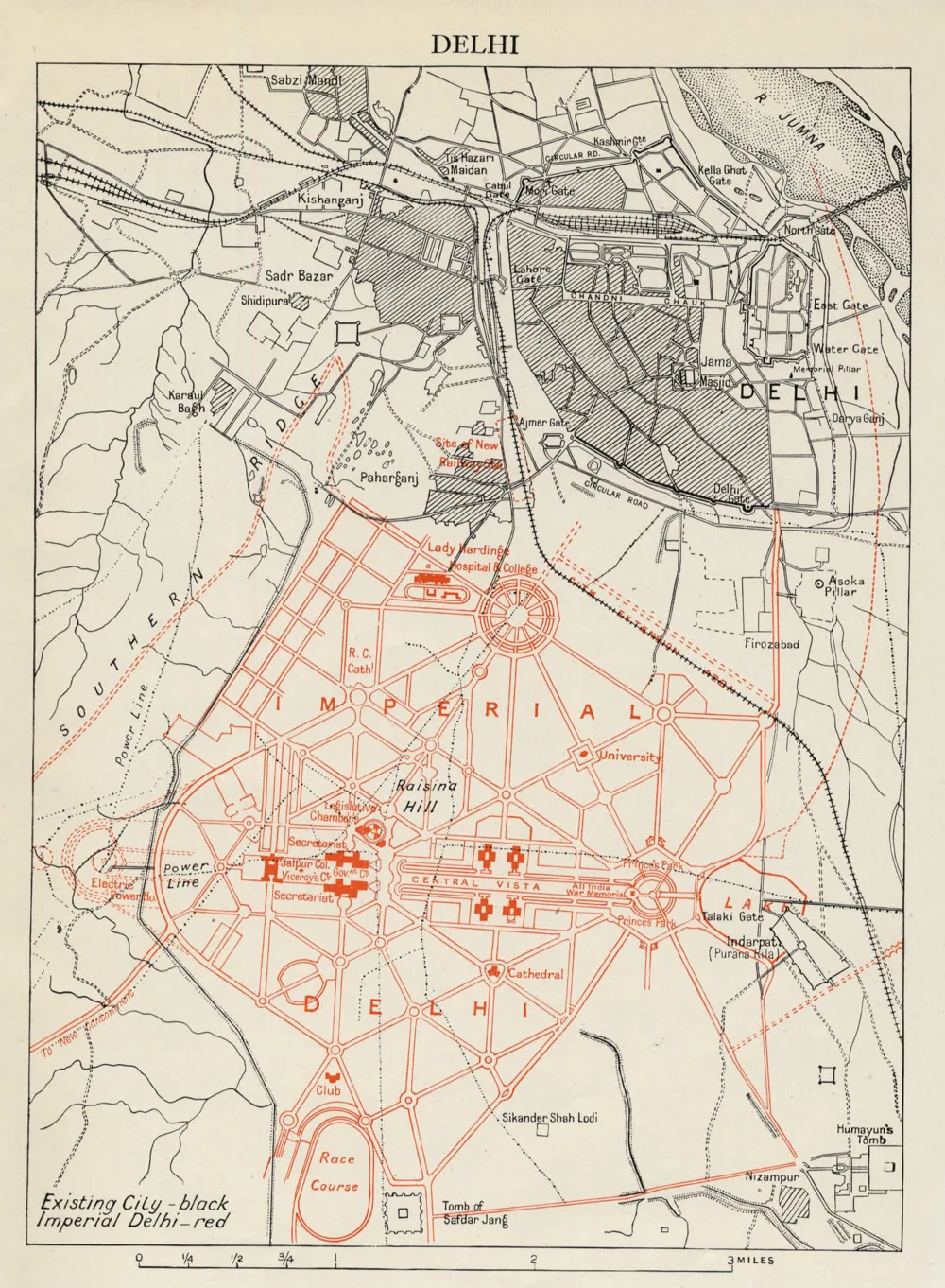 Plan projeté de la Delhi impériale par Lutyens, avenues rayonnantes et axe central reliant le palais du vice-roi, Encyclopedia Britannica 1910-12