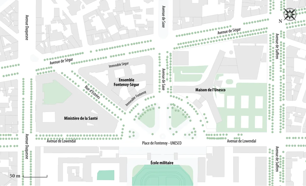Plan de situation de la place de Fontenoy et du siège de l'UNESCO dans le 7e arrondissement de Paris