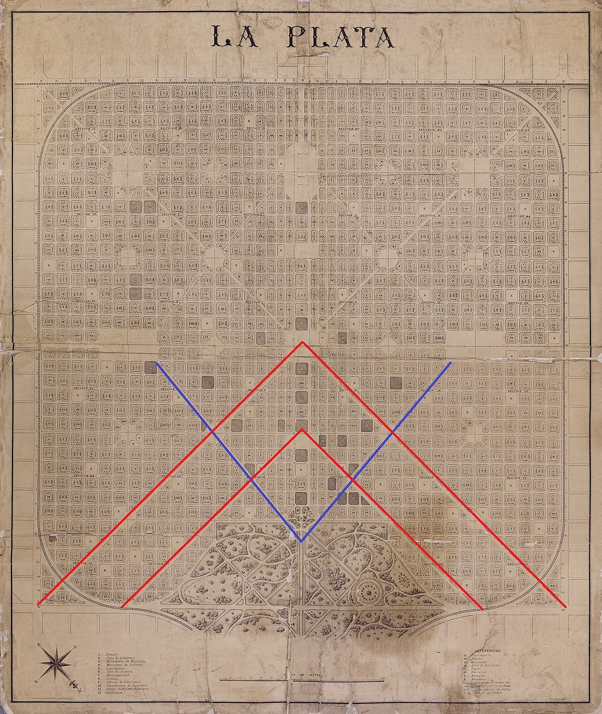 Plan d'urbanisme fondateur de La Plata en 1882, tracé géométrique en damier avec diagonales, nouvelle capitale de la province de Buenos Aires