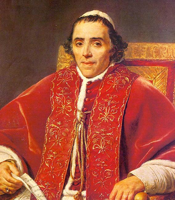 Portrait du pape Pie VII assis, peint par Jacques-Louis David en 1805, expression grave et recueillie