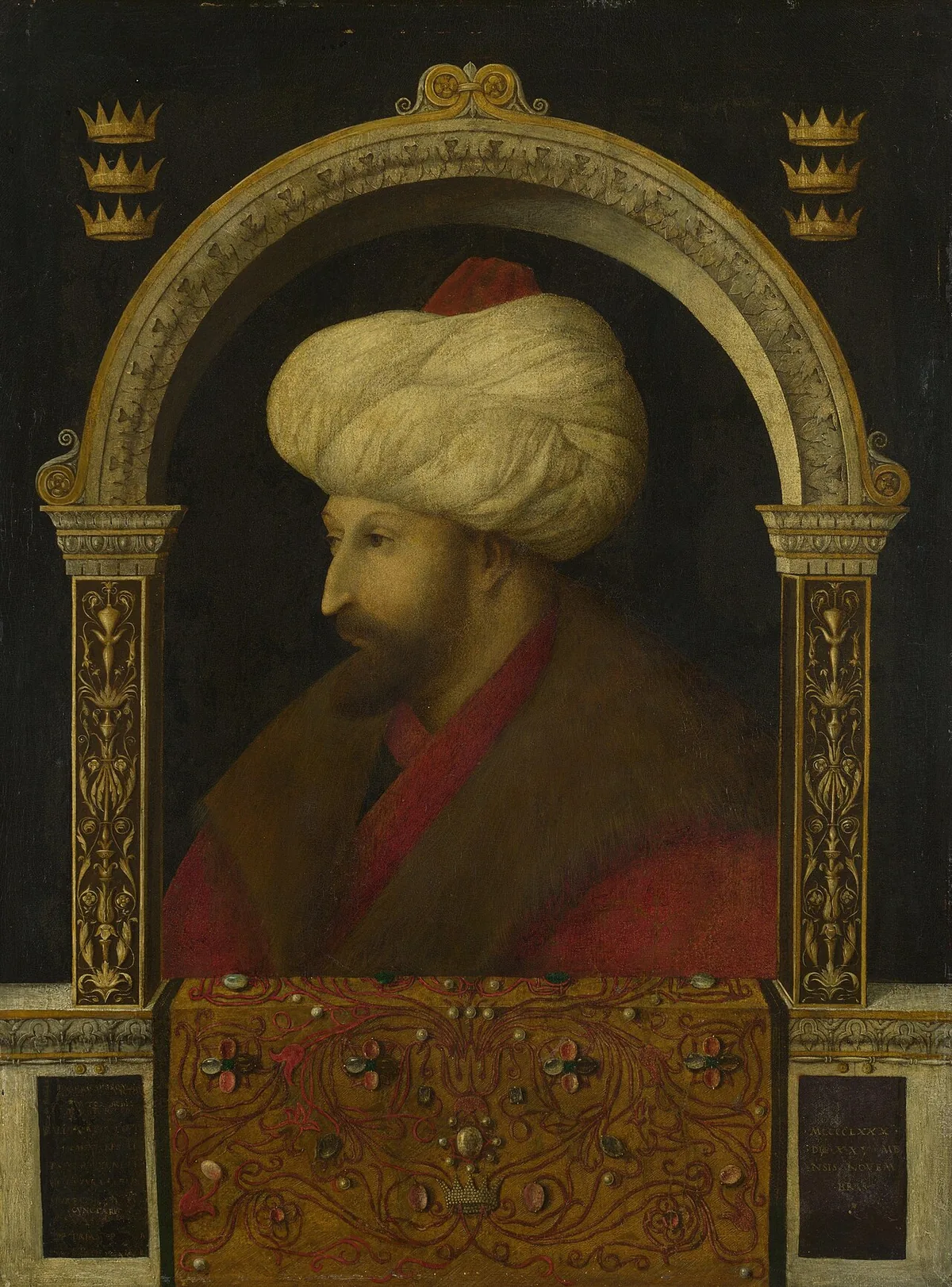 Portrait peint du sultan Mehmed II par Gentile Bellini en 1480, de profil, coiffé d'un turban