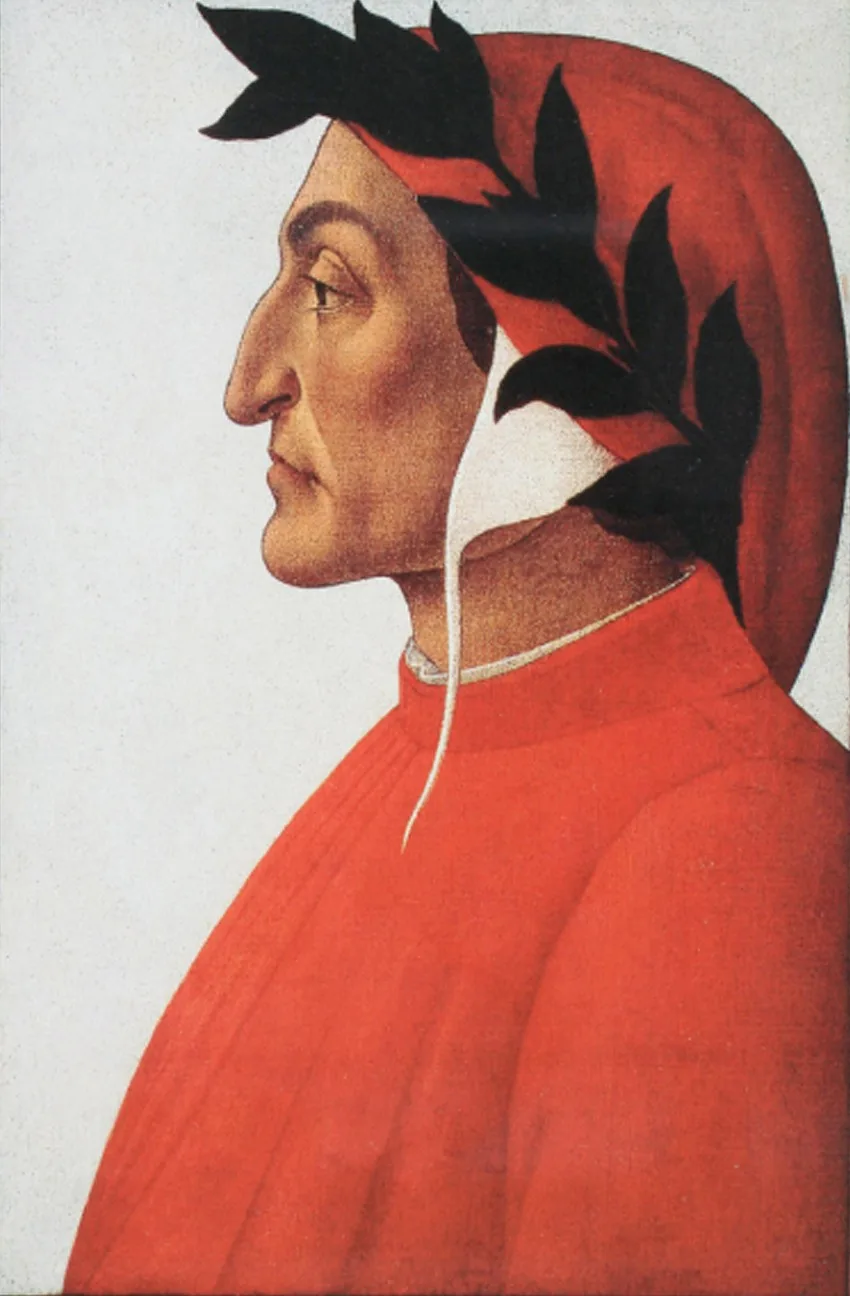Portrait de profil de Dante Alighieri coiffé du chaperon rouge, peint par Sandro Botticelli vers 1495