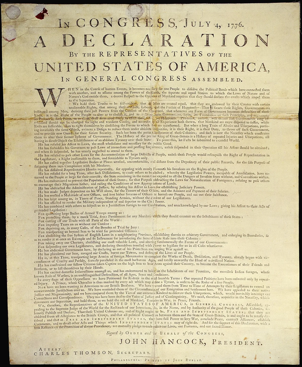 Premier tirage imprimé de la Déclaration d’indépendance par John Dunlap en juillet 1776
