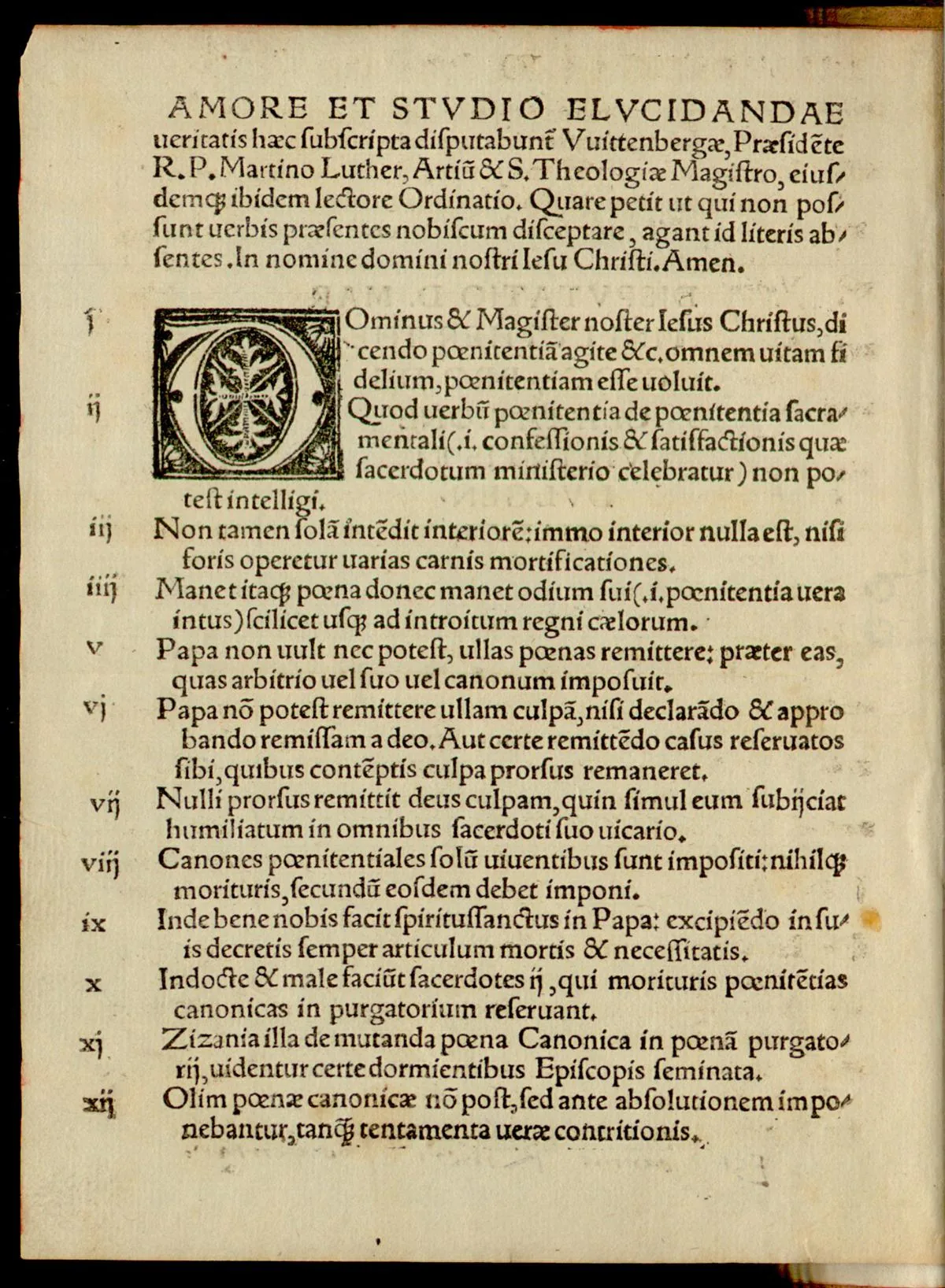 Première page de l'édition imprimée à Bâle des 95 thèses de Martin Luther en 1517