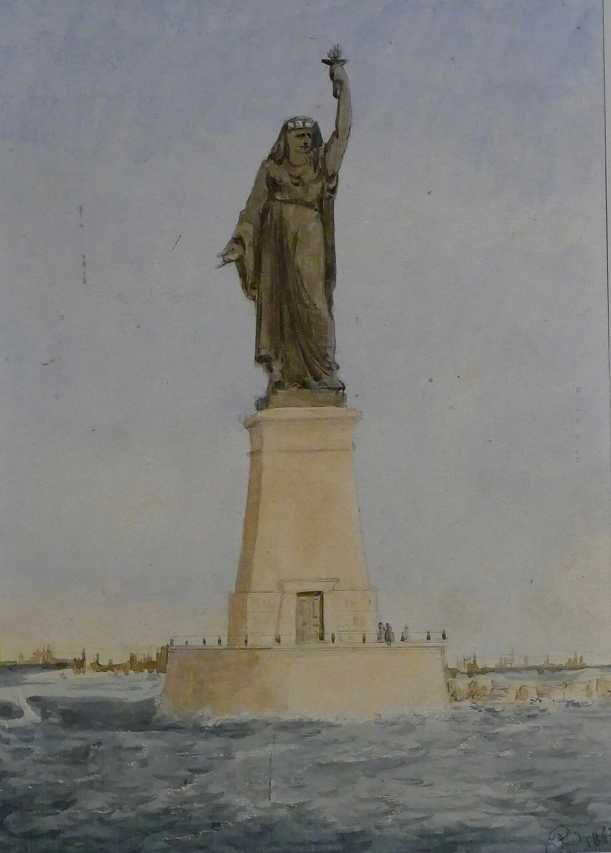 Projet de phare pour le canal de Suez par Bartholdi, femme drapée tenant une lumière, préfiguration de la Statue de la Liberté
