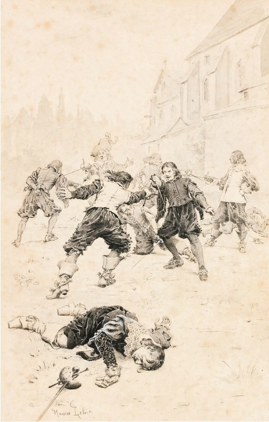 Les quatre mousquetaires face aux gardes du cardinal, illustration de Maurice Leloir