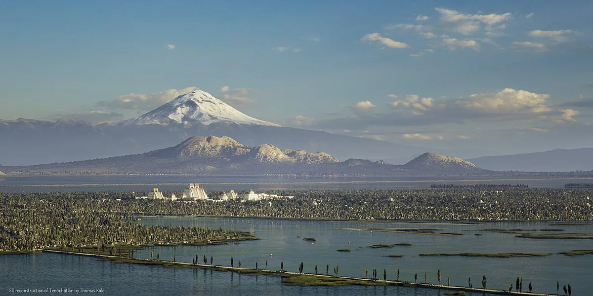Reconstitution 3D de Tenochtitlan, cité aztèque bâtie sur des îles du lac Texcoco reliées par des chaussées