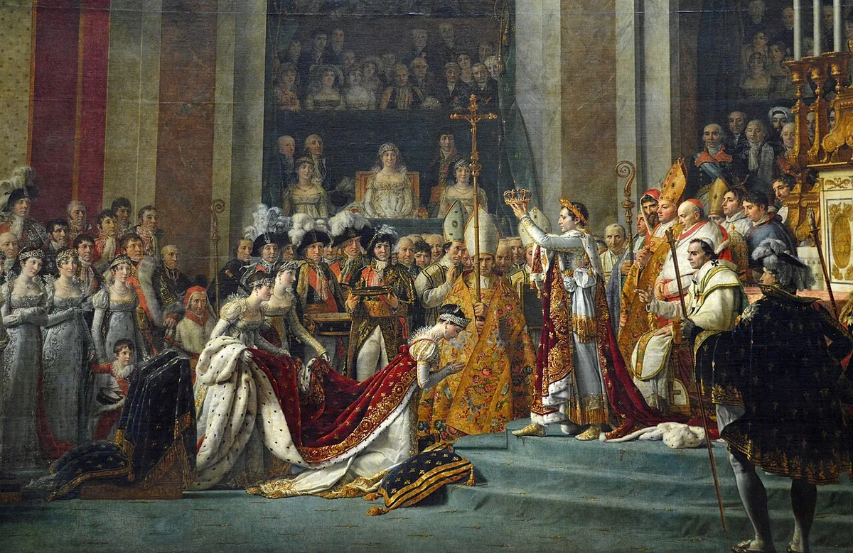Le Sacre de Napoléon par Jacques-Louis David, Napoléon couronnant Joséphine à Notre-Dame le 2 décembre 1804, immense toile du Louvre
