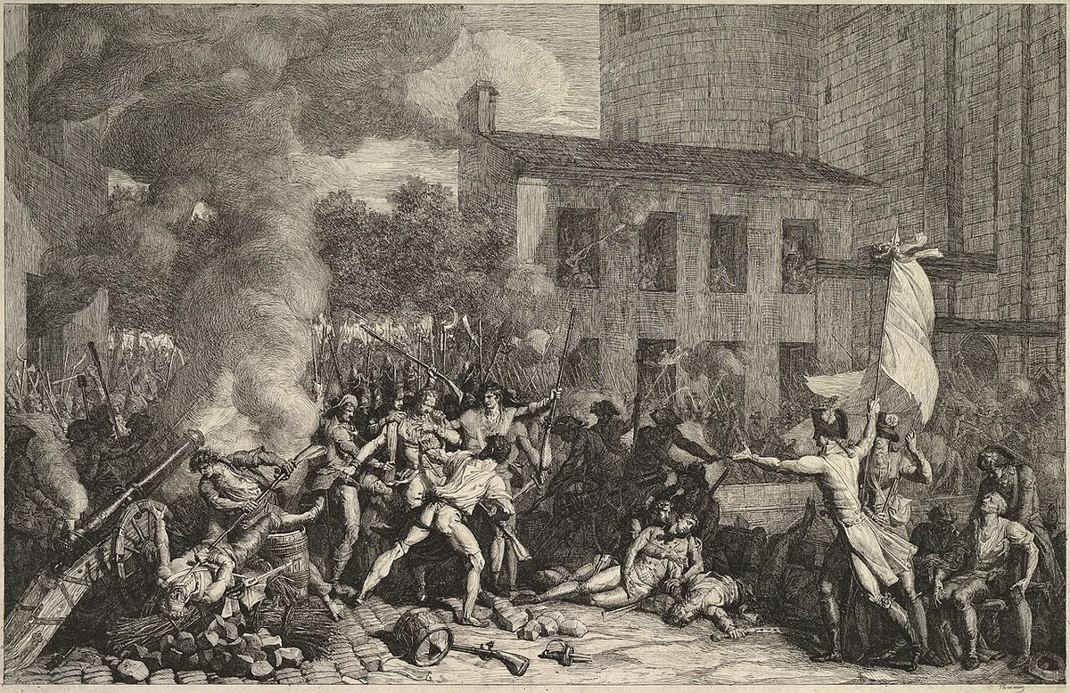 Tableau de Charles Thévenin montrant les Gardes françaises et la foule donnant l'assaut à la Bastille en 1789