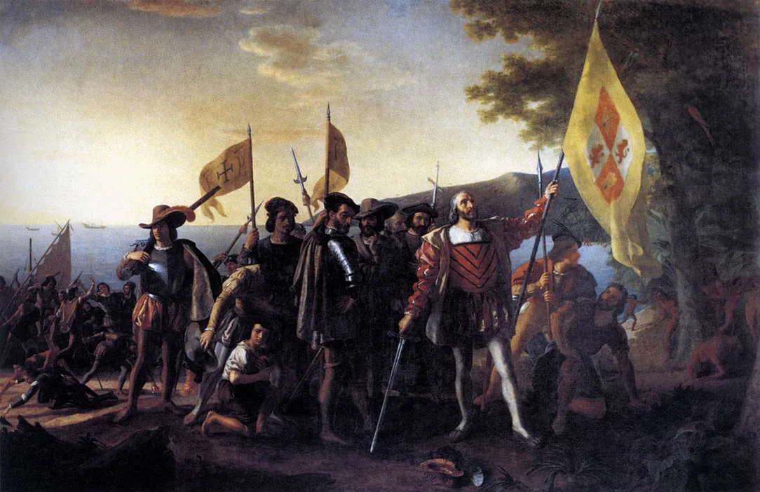 Tableau de John Vanderlyn représentant Colomb débarquant à Guanahani en 1492, drapeau planté sur la plage