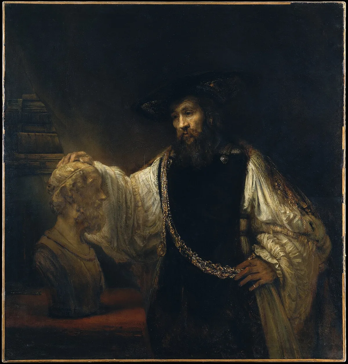 Tableau de Rembrandt montrant Aristote posant la main sur un buste d'Homère