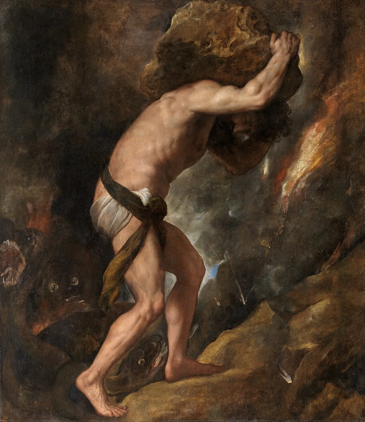 Tableau de Titien représentant Sisyphe portant son rocher, figure du Mythe de Sisyphe de Camus