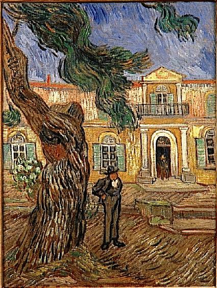 Toile de Van Gogh représentant le jardin et le bâtiment de l'hôpital Saint-Paul de Saint-Rémy, peinte en 1889