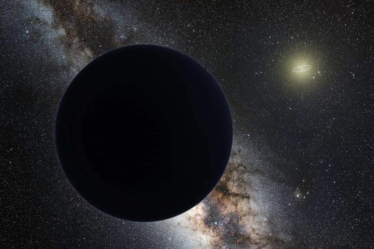 Vue d'artiste de l'hypothétique Planète Neuf, un monde sombre en orbite très lointaine autour d'un Soleil réduit à un point brillant