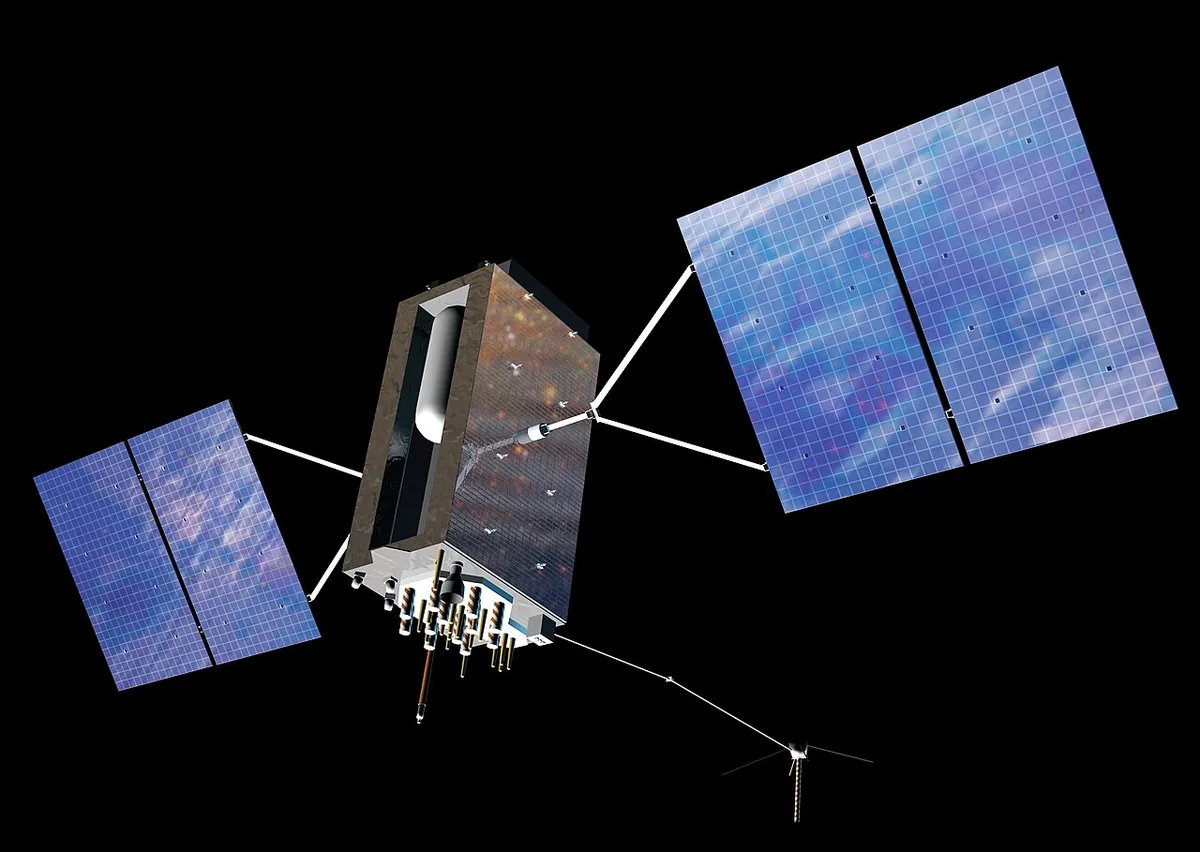 Vue d'artiste d'un satellite GPS Block III en orbite, embarquant une horloge atomique synchronisée à la nanoseconde