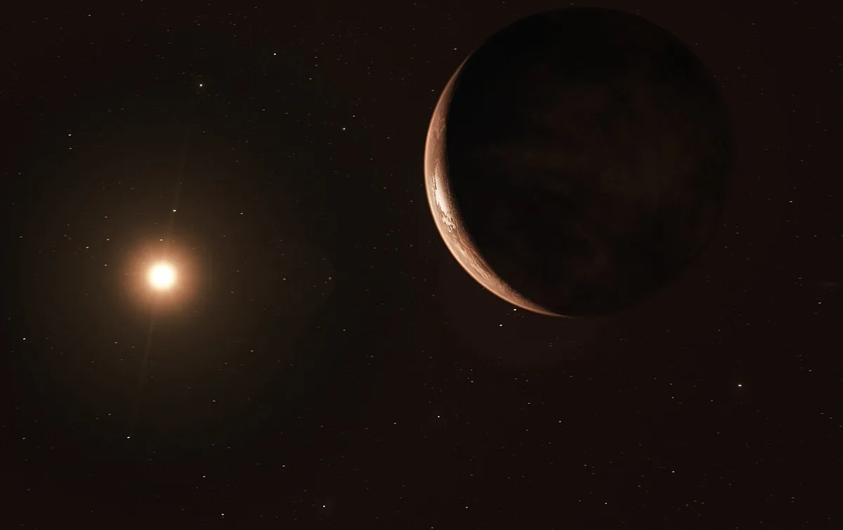 Vue d'artiste d'une super-Terre en orbite autour de l'étoile de Barnard, un type d'exoplanète rocheuse plus grande que la Terre