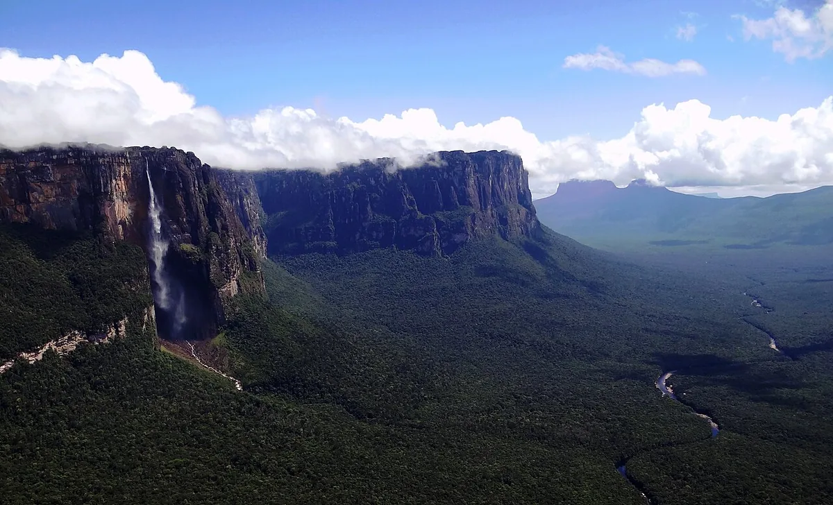Vue panoramique du Salto Ángel, du Cañon del Diablo et de la forêt de Canaima