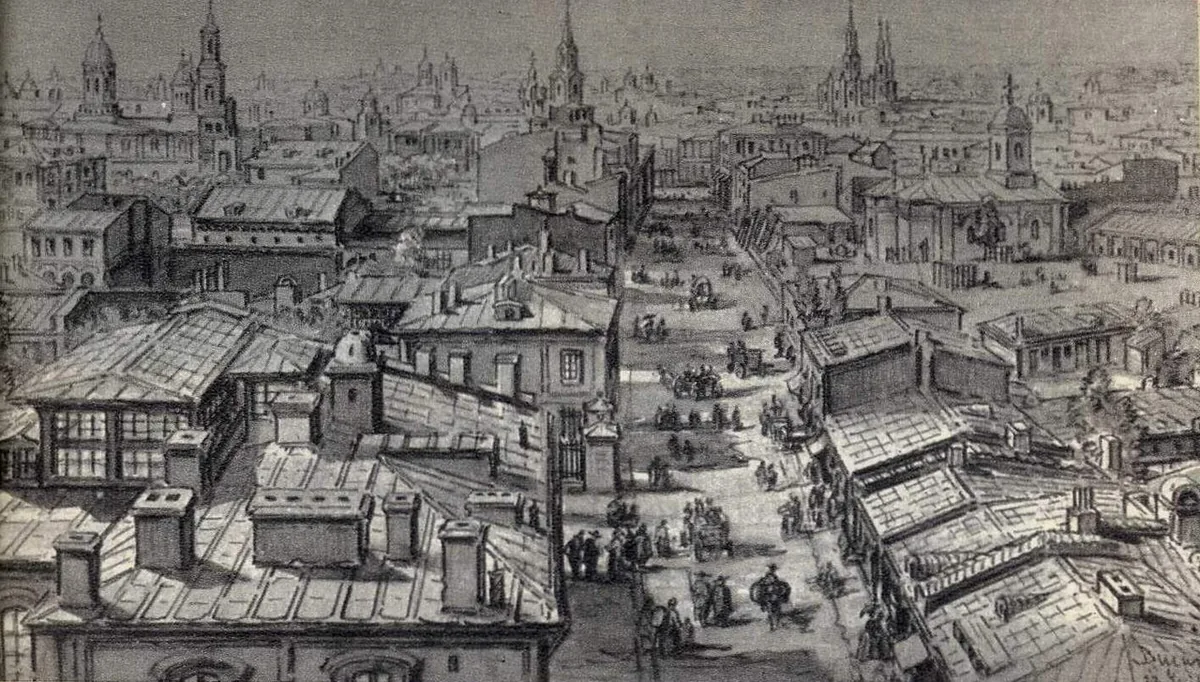 Vue peinte de Bucarest en 1868 avec ses rues et bâtiments de la jeune capitale