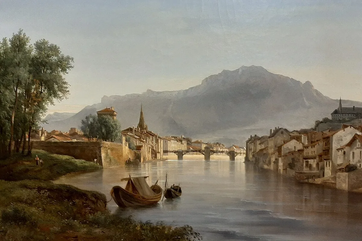Vue peinte de Grenoble au XIXe siècle depuis l'Ile Verte, au crépuscule, ville natale de Stendhal et lieu de l'affaire Berthet