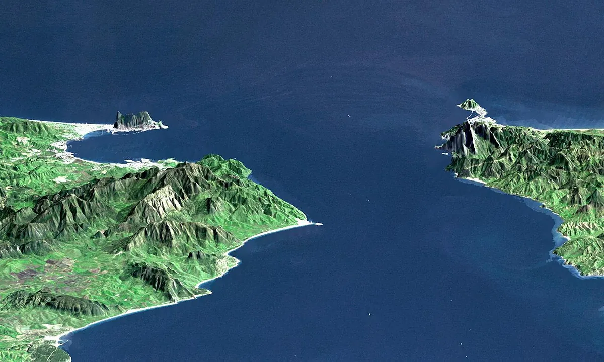 Vue en perspective du détroit de Gibraltar entre péninsule Ibérique et Maroc
